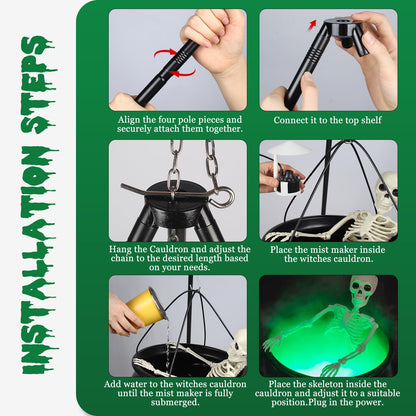 Large Halloween Tripod Cauldron with Skeleton & Fog Maker