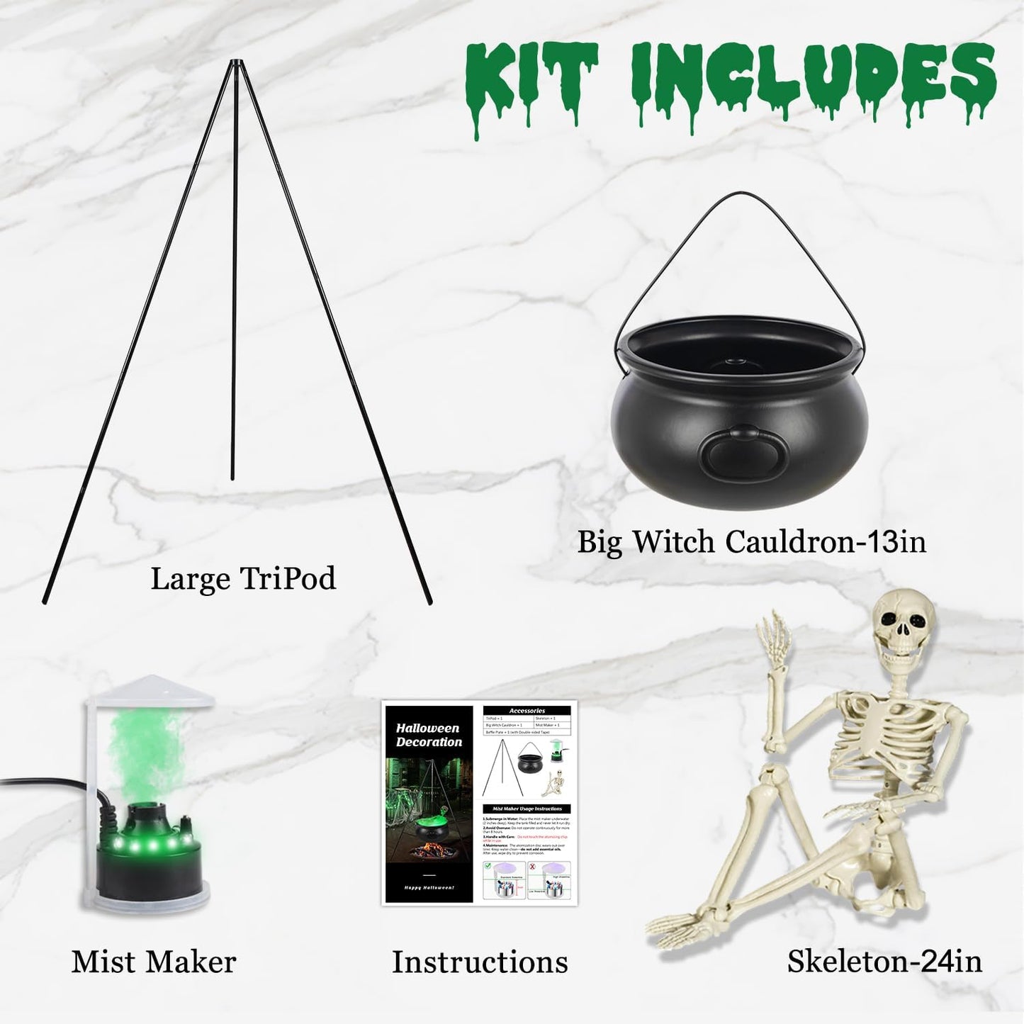Large Halloween Tripod Cauldron with Skeleton & Fog Maker