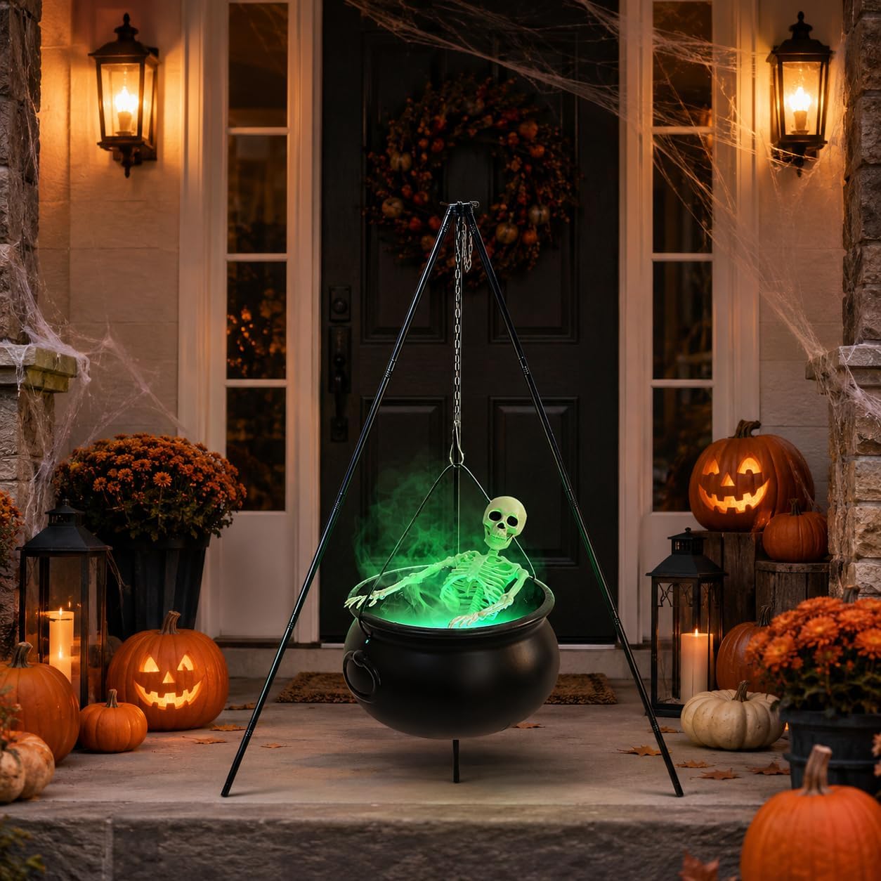 Large Halloween Tripod Cauldron with Skeleton & Fog Maker