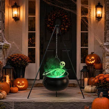 Large Halloween Tripod Cauldron with Skeleton & Fog Maker