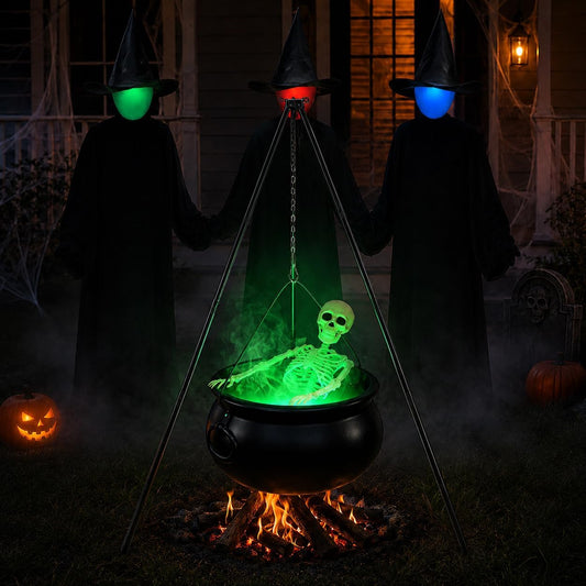 Large Halloween Tripod Cauldron with Skeleton & Fog Maker
